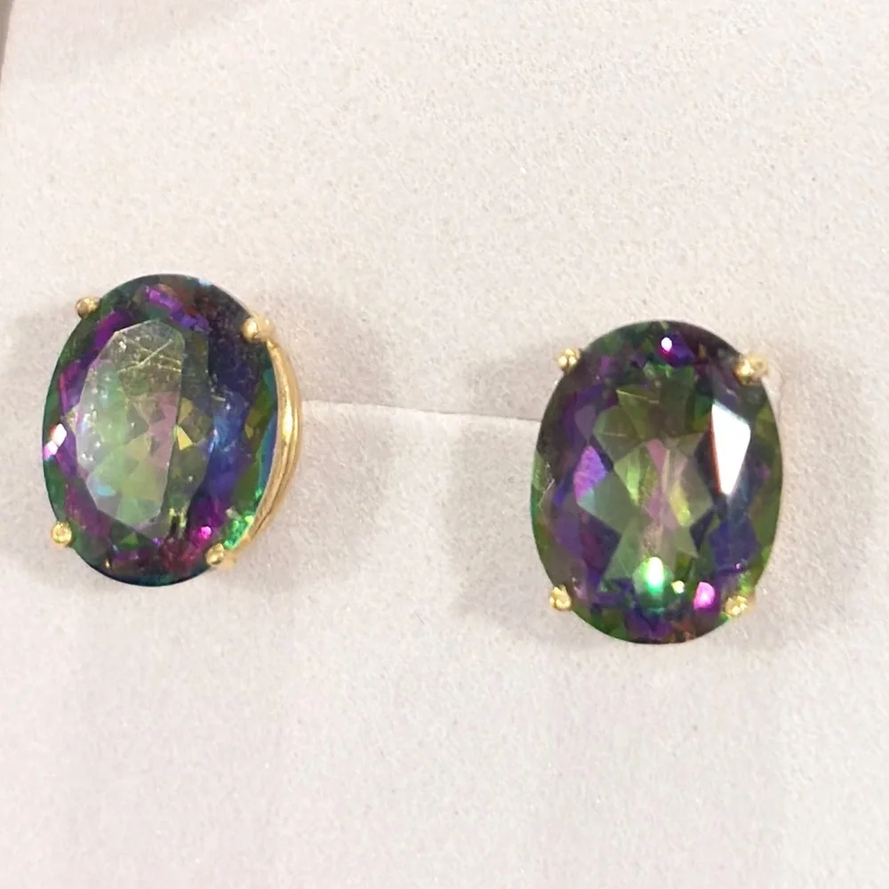 Mystic Topaz 14K Gold Stud Earrings: Clyde Duneier Vintage Solitaire - Picture 5 of 7